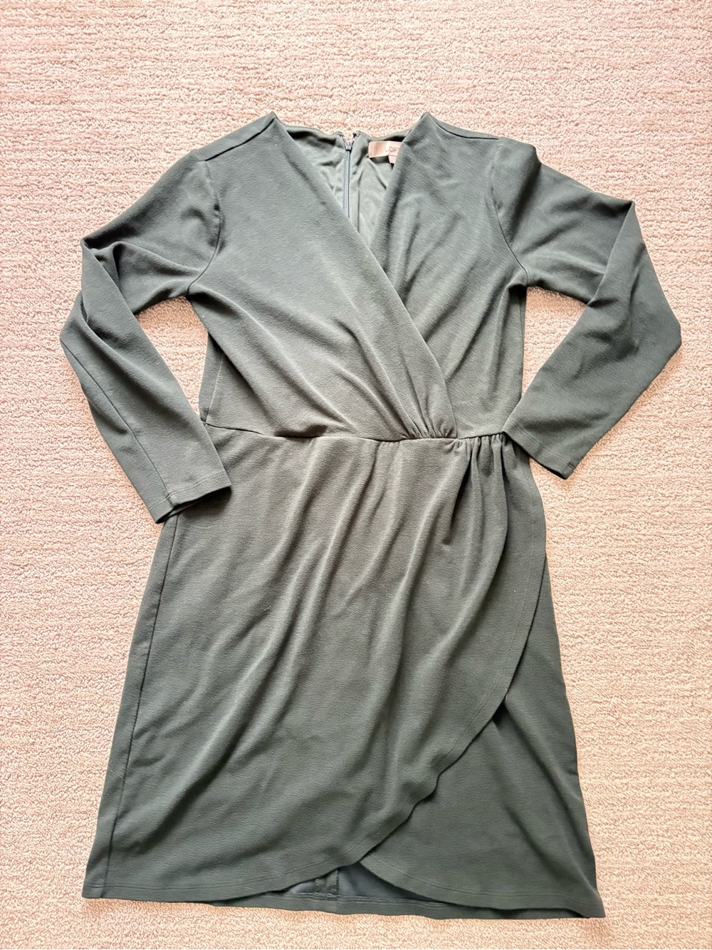 LOFT Classic Wrap-Front Long-Sleeve Dress in Olive Green